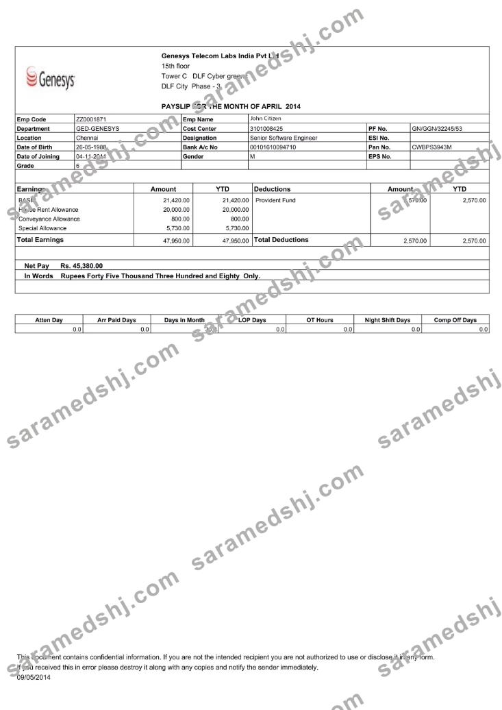 INDIA GENESYS Telecom Labs India Pvt Ltd payslip in Word and PDF formats
